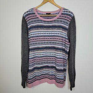 Talbots Fair Isle Lambswool Blend Sweater Sz XL Gray Pink Crew Neck Lightweight